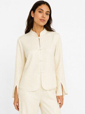 SLEEPER Louis Satin Jacquard Pajama Top Cream XS Frog Closure